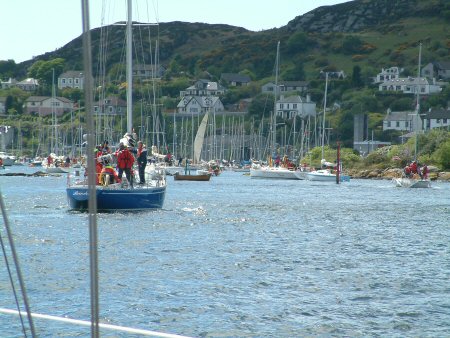 A queue of traffic into the entrance to Tarbert harbour